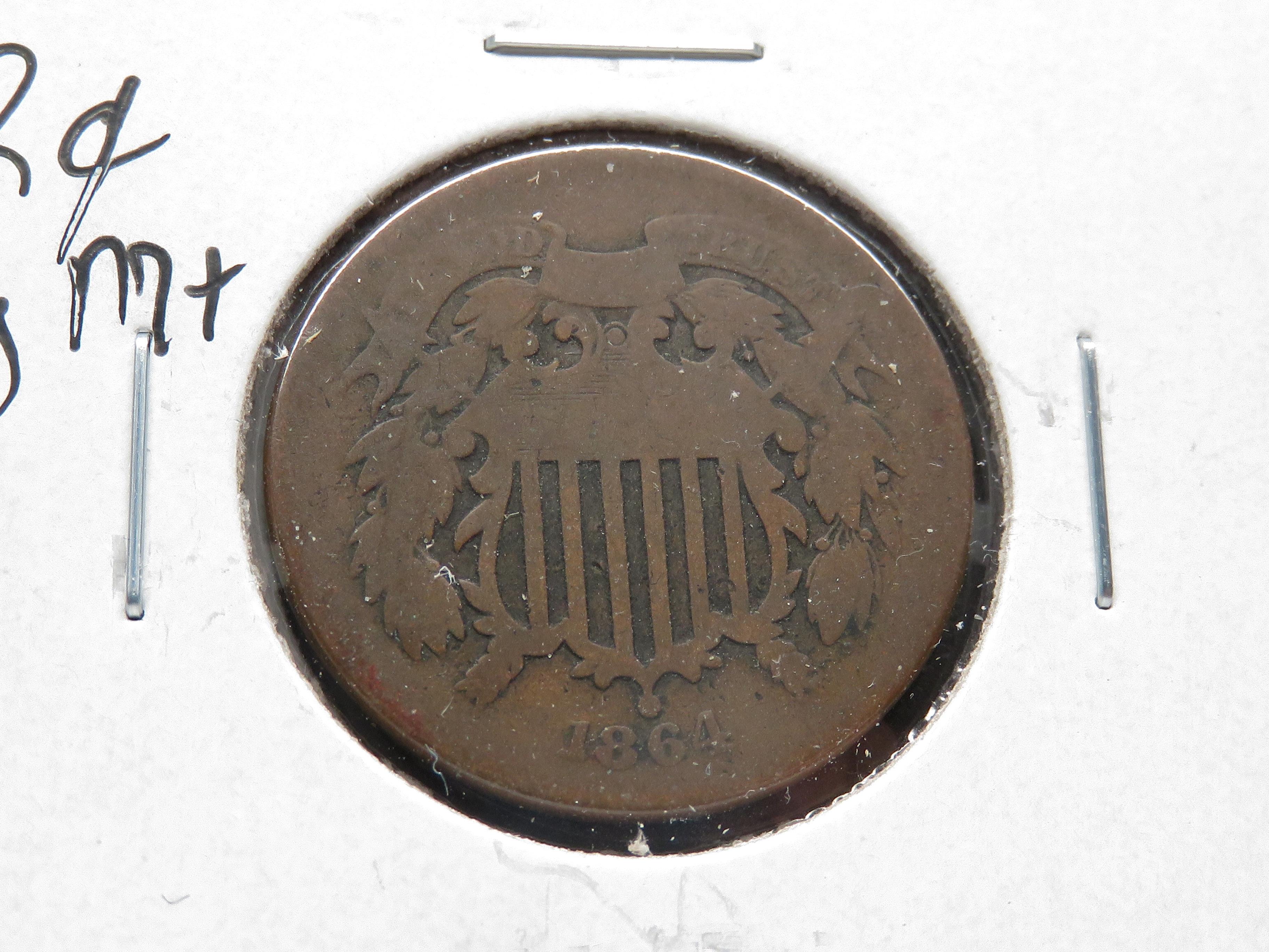 4 Two Cent Pieces: 3-1864 Lg Mt (2 VG, 1 AG), 1868 G