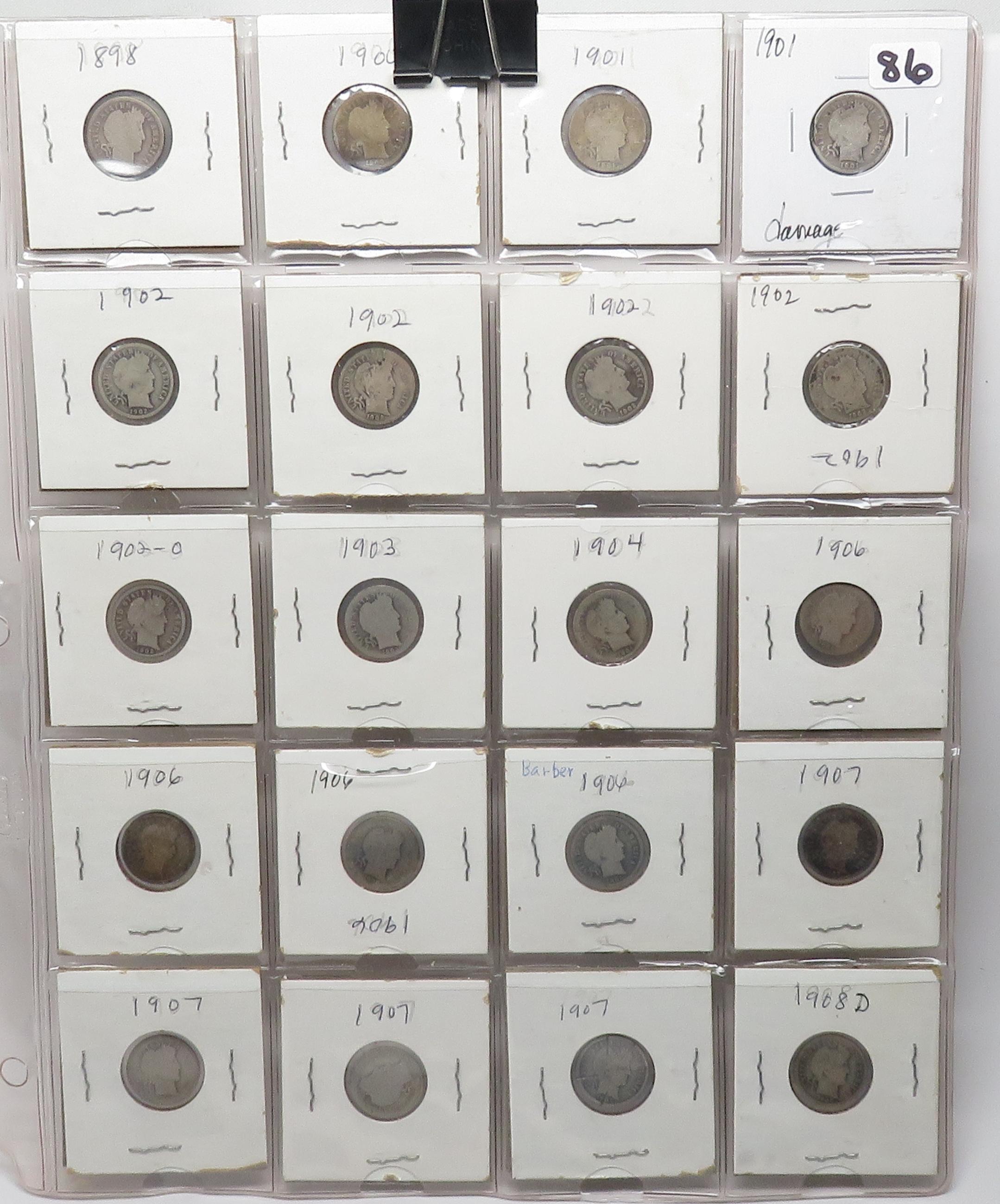 53 Barber Dimes, vinyl pgs, 1898-1916, 20 dates, avg Fair-Good