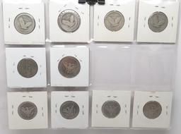 10 Silver Quarters: 6 Barber (1892 AG, 98 G, 98 G rev scr, 14 Fir, 16D G); 4 Standing Liberty AG (19
