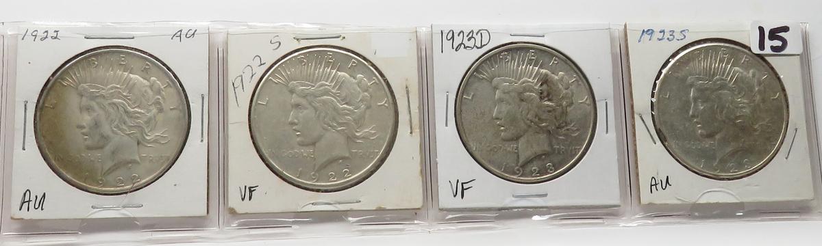 4 Peace $: 1922 AU, 1922S VF, 1923D VF, 1923S AU