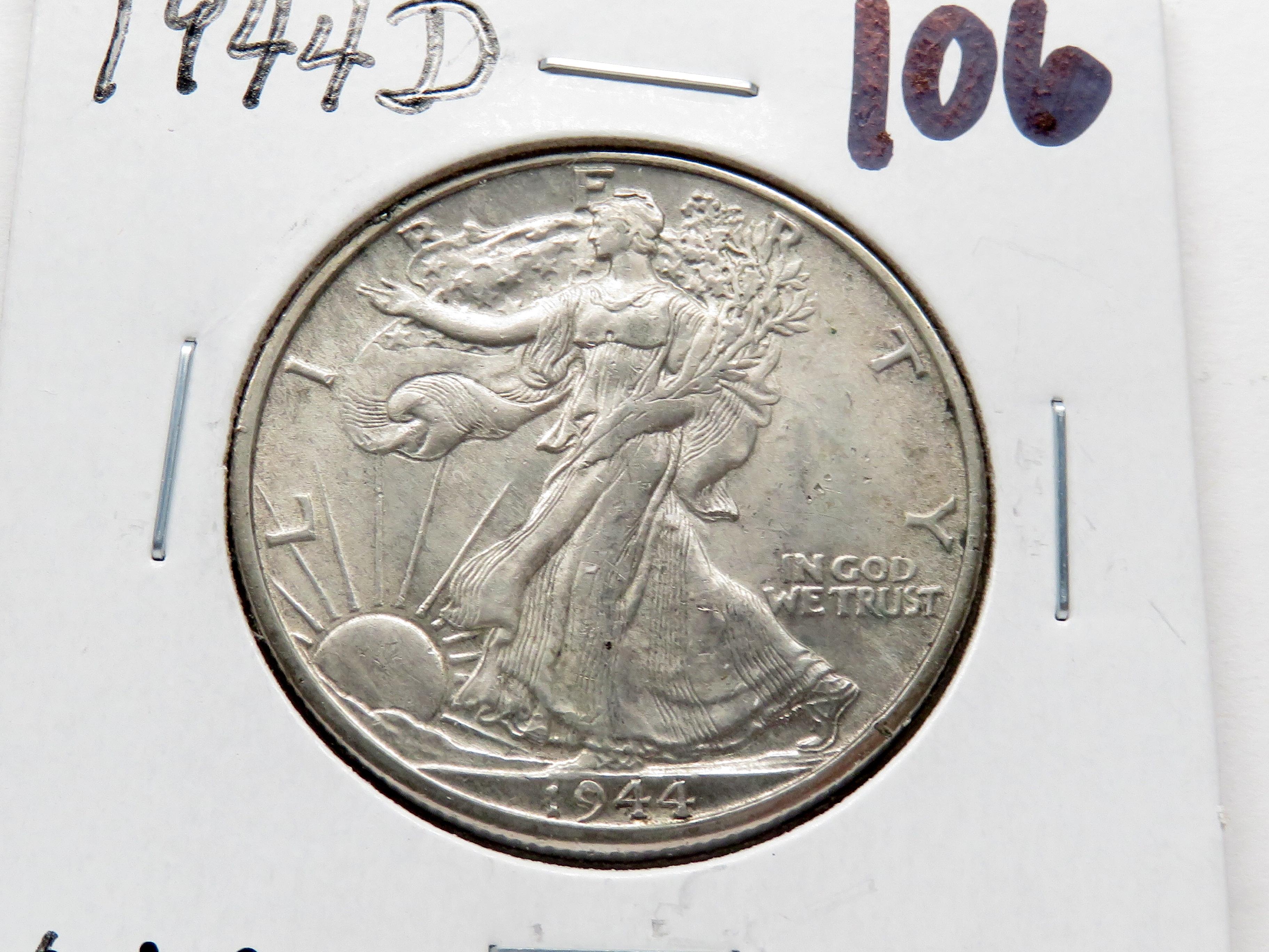 5 Silver Type Half $: Barber 1912 G, Walking Liberty 1944D CH AU, Franklin 1959D Unc ?bell dings, 2