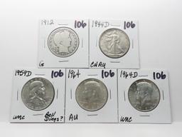 5 Silver Type Half $: Barber 1912 G, Walking Liberty 1944D CH AU, Franklin 1959D Unc ?bell dings, 2