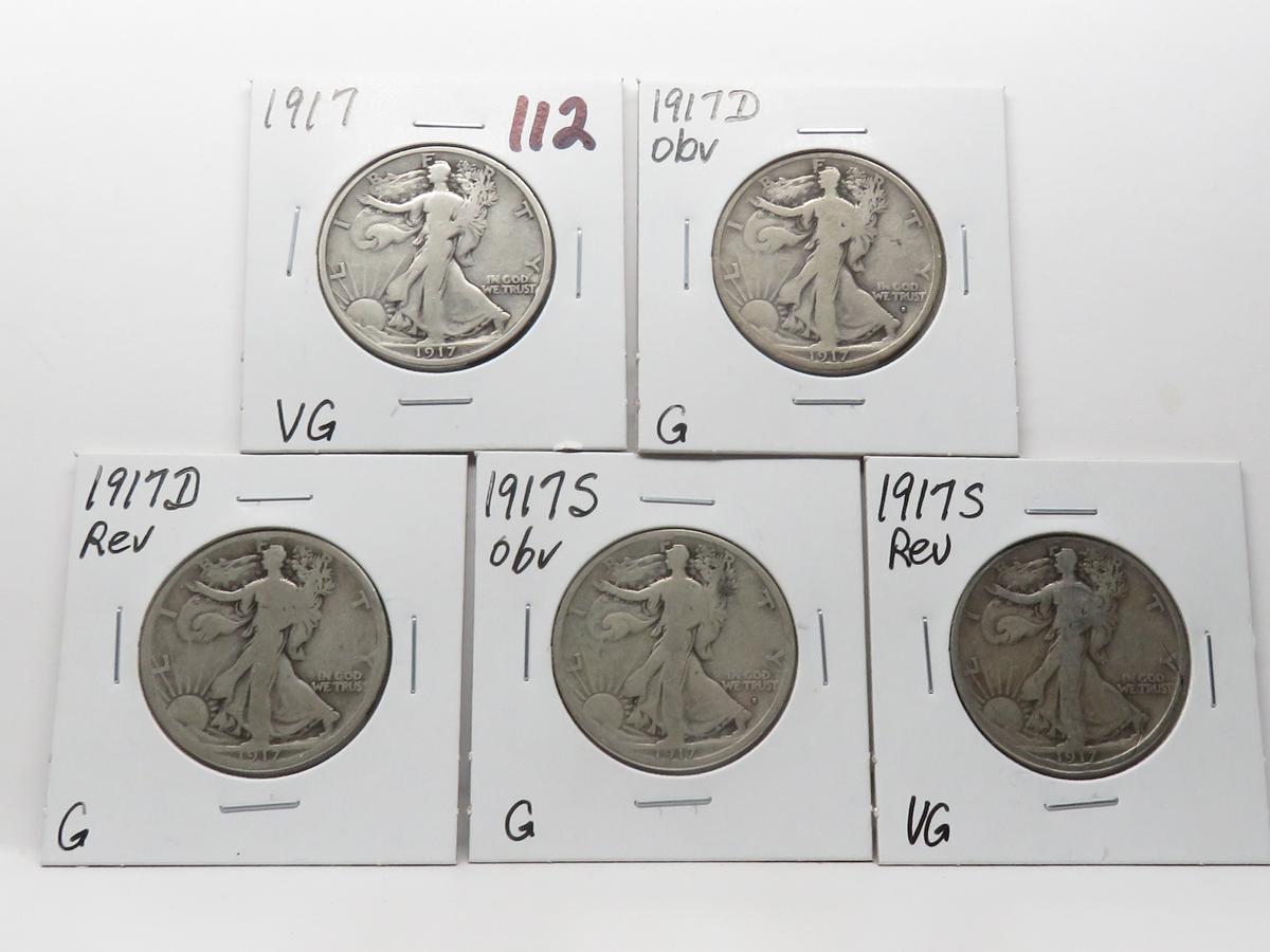 5 Walking Liberty Half $: 1917 VG, 17D obv G, 17D rev G, 17S obv G, 17S rev VG