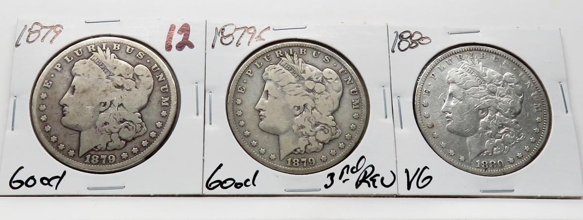 3 Morgan $: 1879 G, 1879S 3rd rev G, 1880 VG