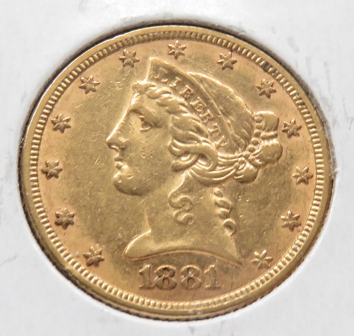 $5 Gold Liberty Head Half Eagle 1881 EF+