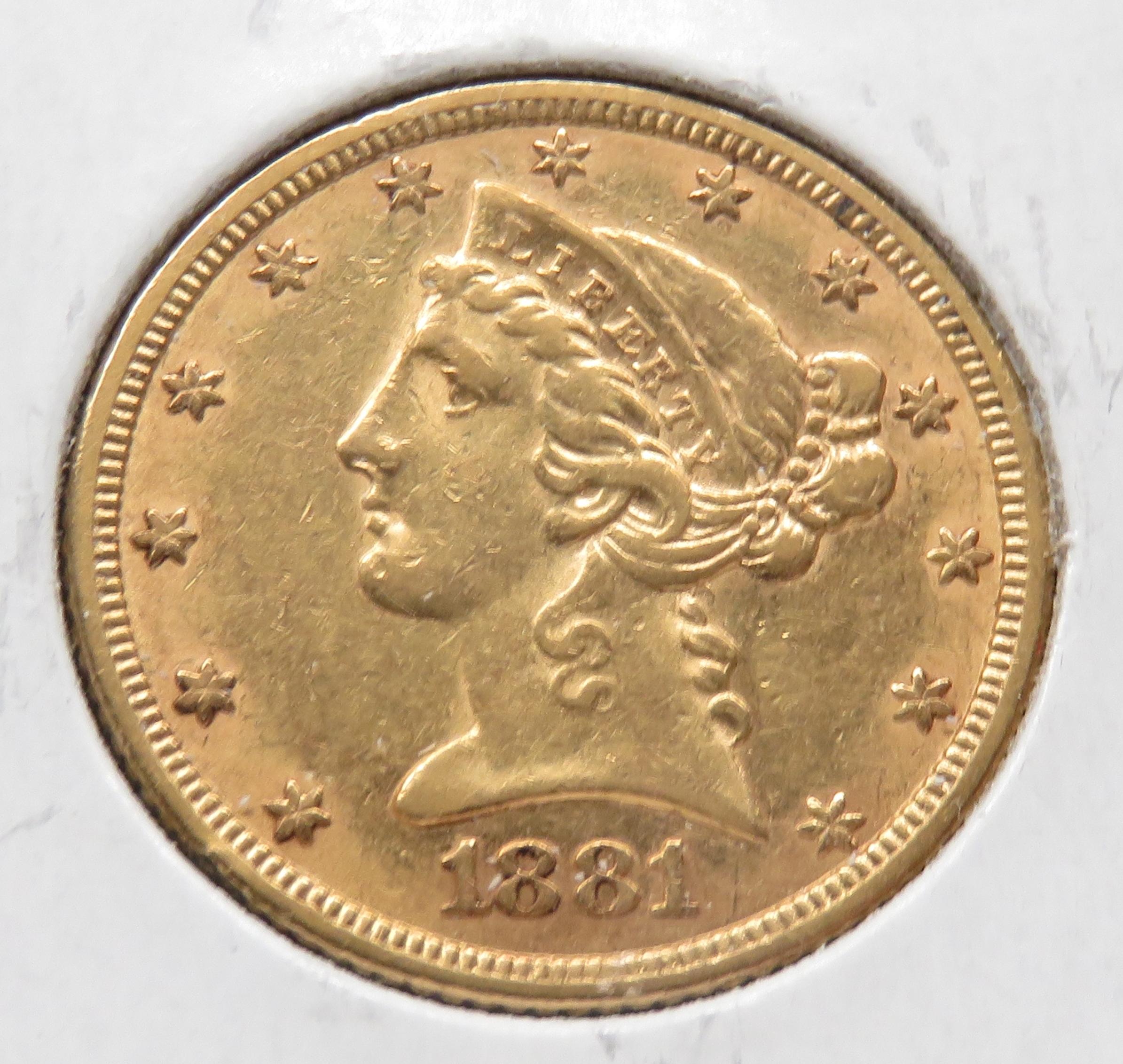 $5 Gold Liberty Head Half Eagle 1881 EF+