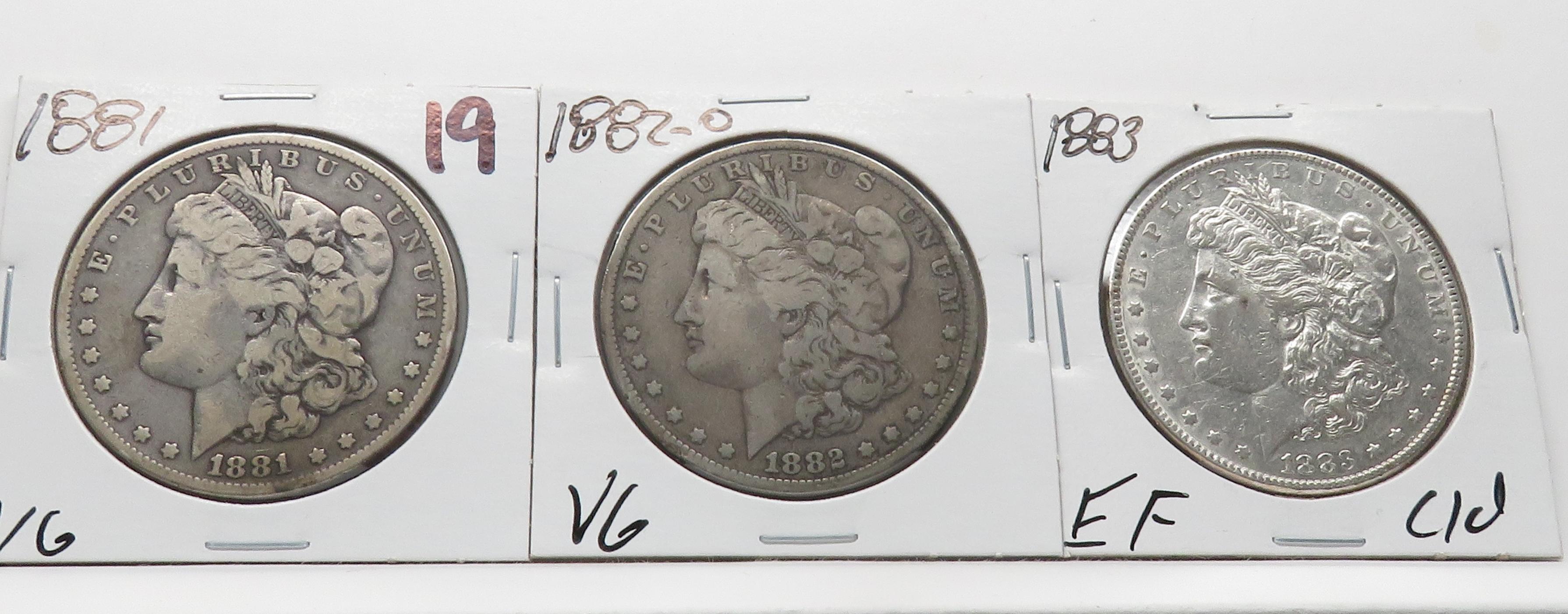 3 Morgan $: 1881 VG, 1882-O VG, 1883 EF cleaned