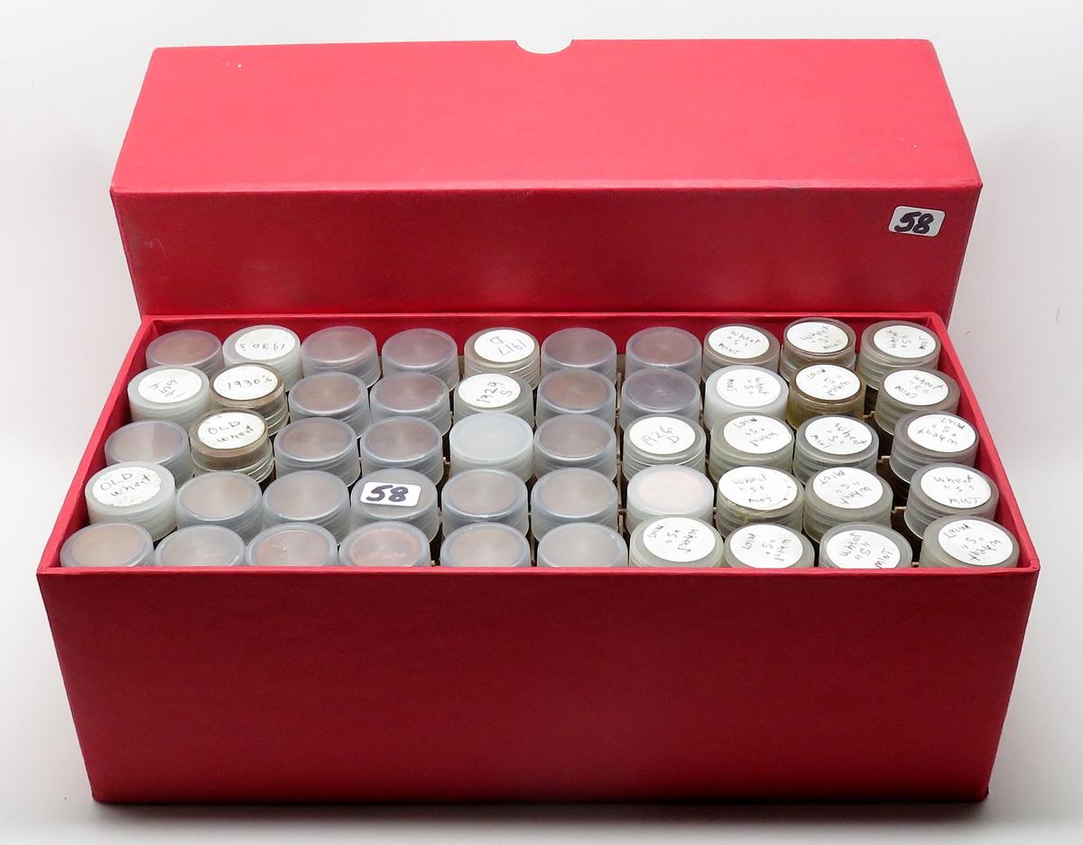 Box of 50 Tubes Lincoln Cents, assorted dates. Unsearched by us, appear to be all Wheat. Estimated t