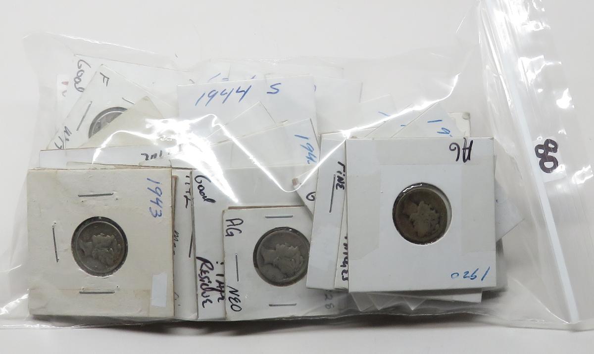49 Silver Mercury Dimes in 2x2's, 1917-1945 micro s, 42 dates, avg AG-BU