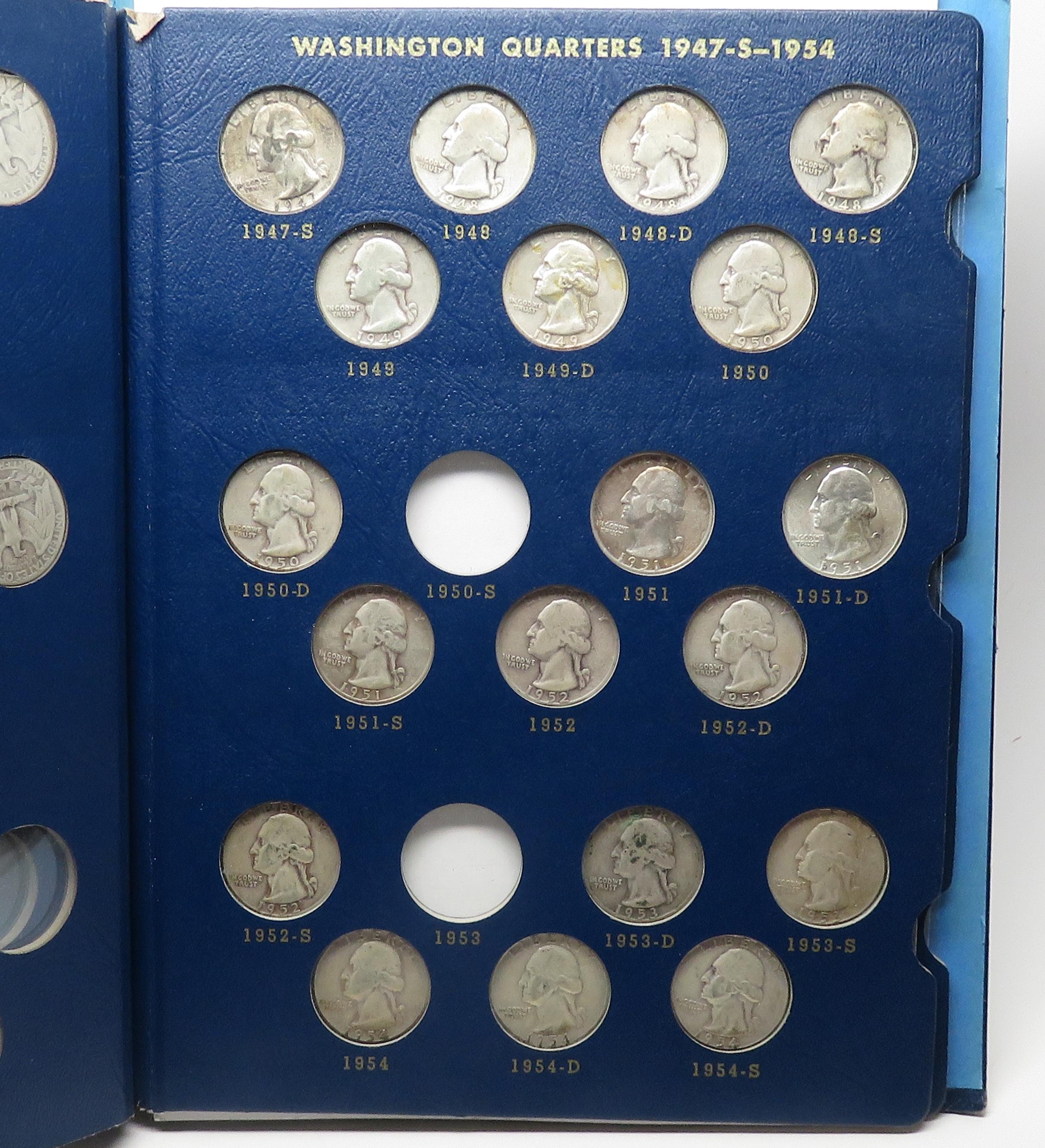 Whitman Silver Washington Quarter Album (spine broken), 1932-1964D, 62 Coins, no Keys, avg circ