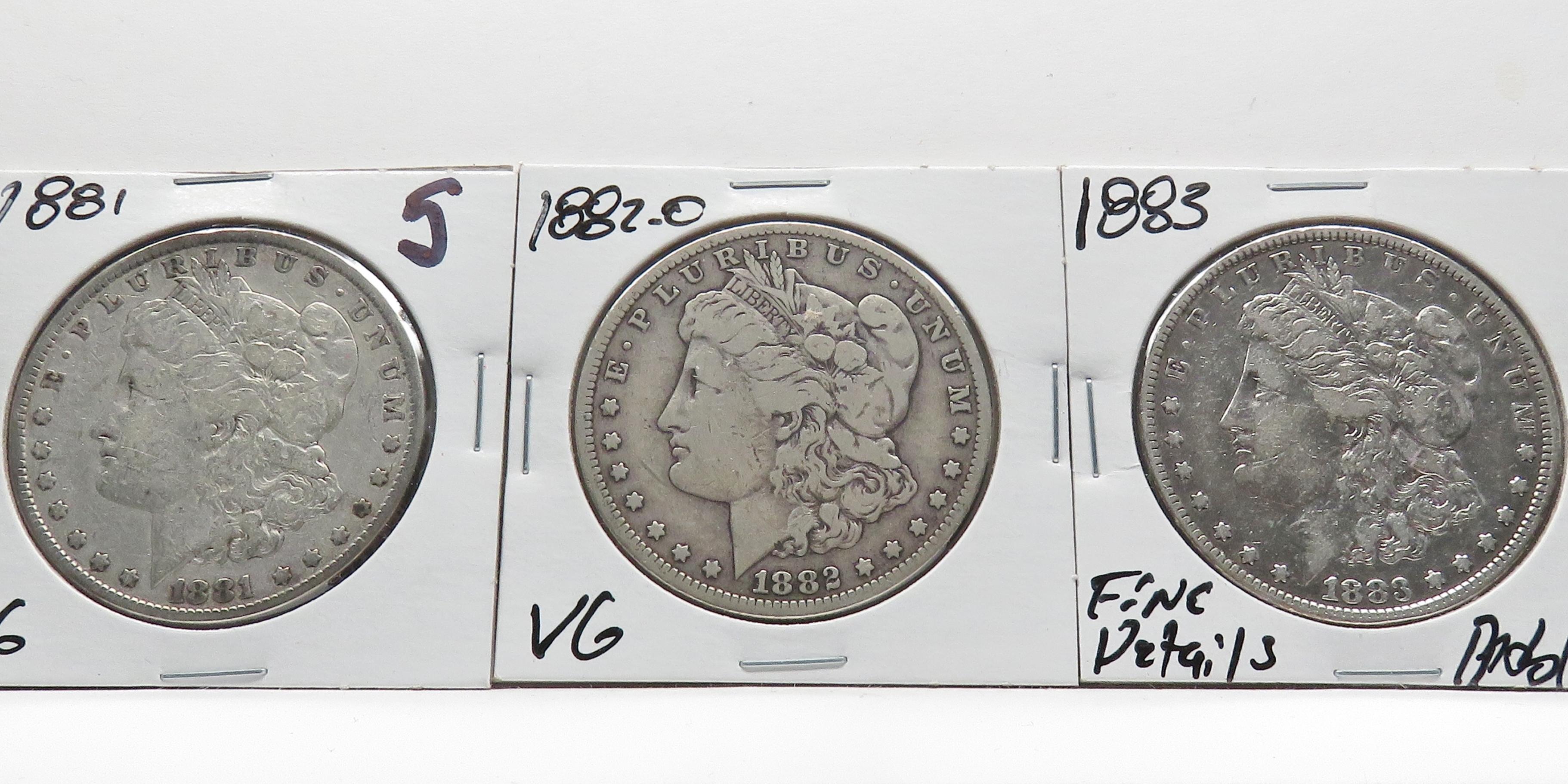 3 Morgan $: 1881 VG, 1882-O VG, 1883 F details problems