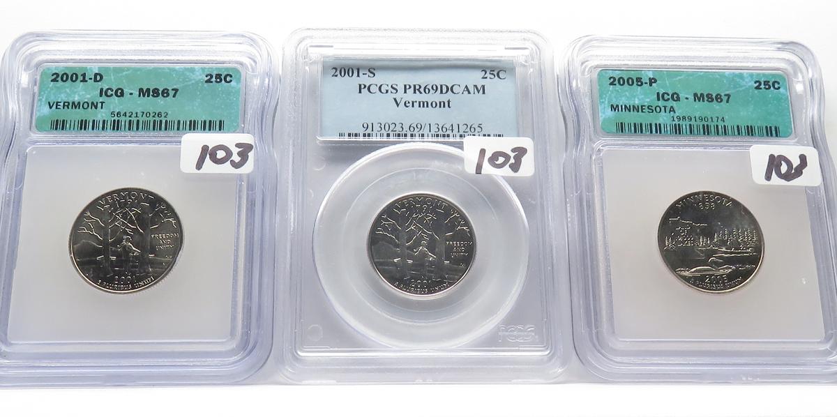 3 SH Quarters; 2001-D VT IGC MS67; 01-S VT PCGS PR69DCAM; 05-P MN ICG MS67