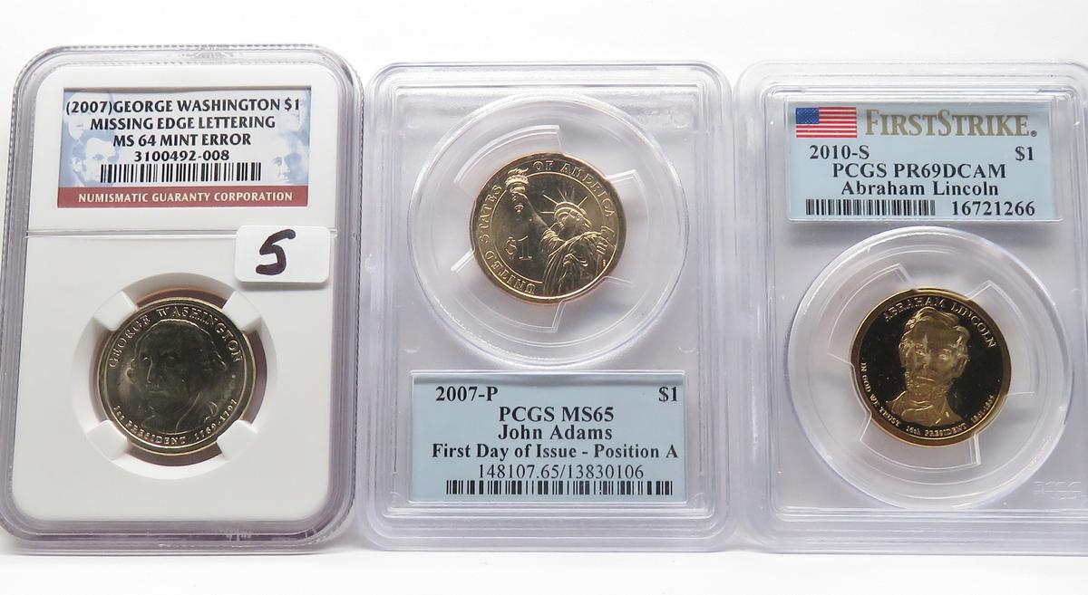 3 Presidential $: 2007 Washington Missing Edge Lettering NGC MS64 Mint Error, 2007P Adams PCGS MS65