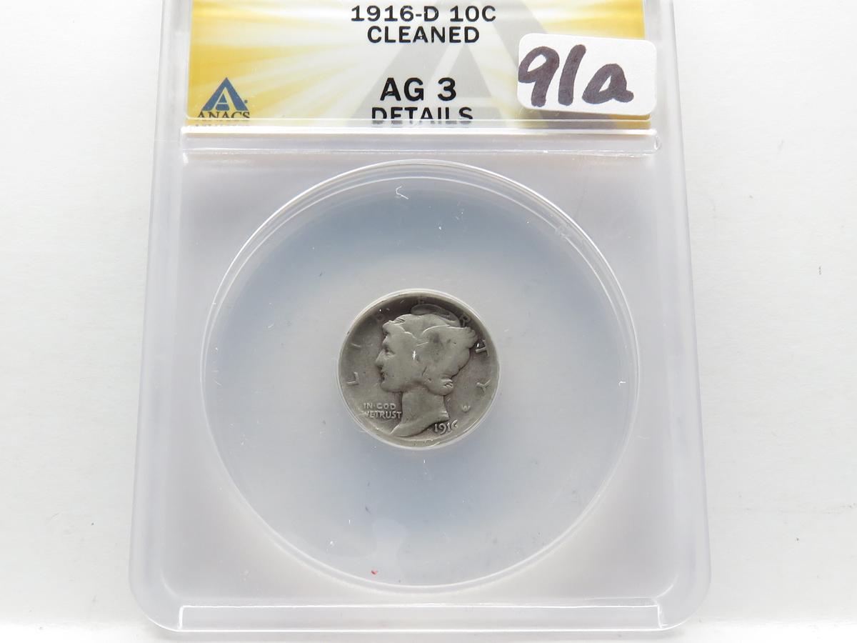 Mercury Dime 1916D ANACS AG3 cleaned, Key Date