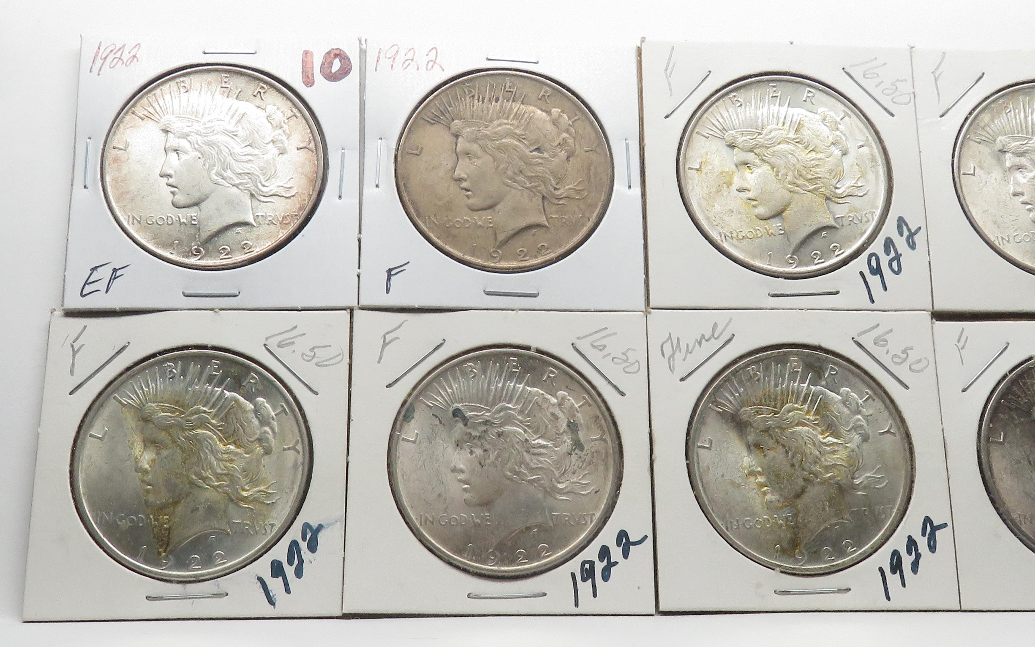 10 Silver 1922 Peace $ in 2x2 ungraded by us but avg F-EF