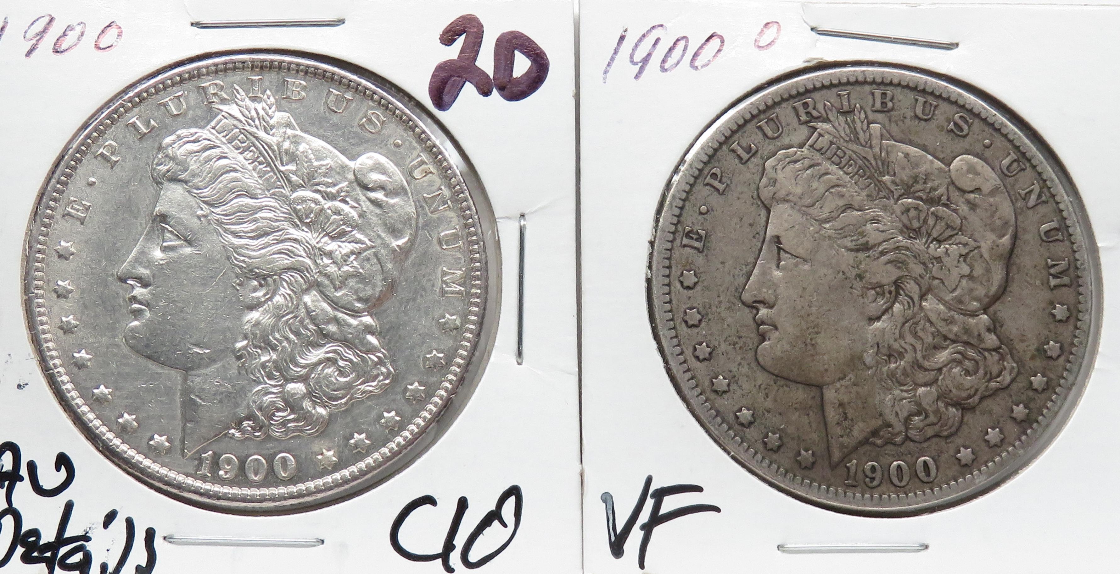 2 Morgan $: 1900 AU cleaned, 1900-O VF