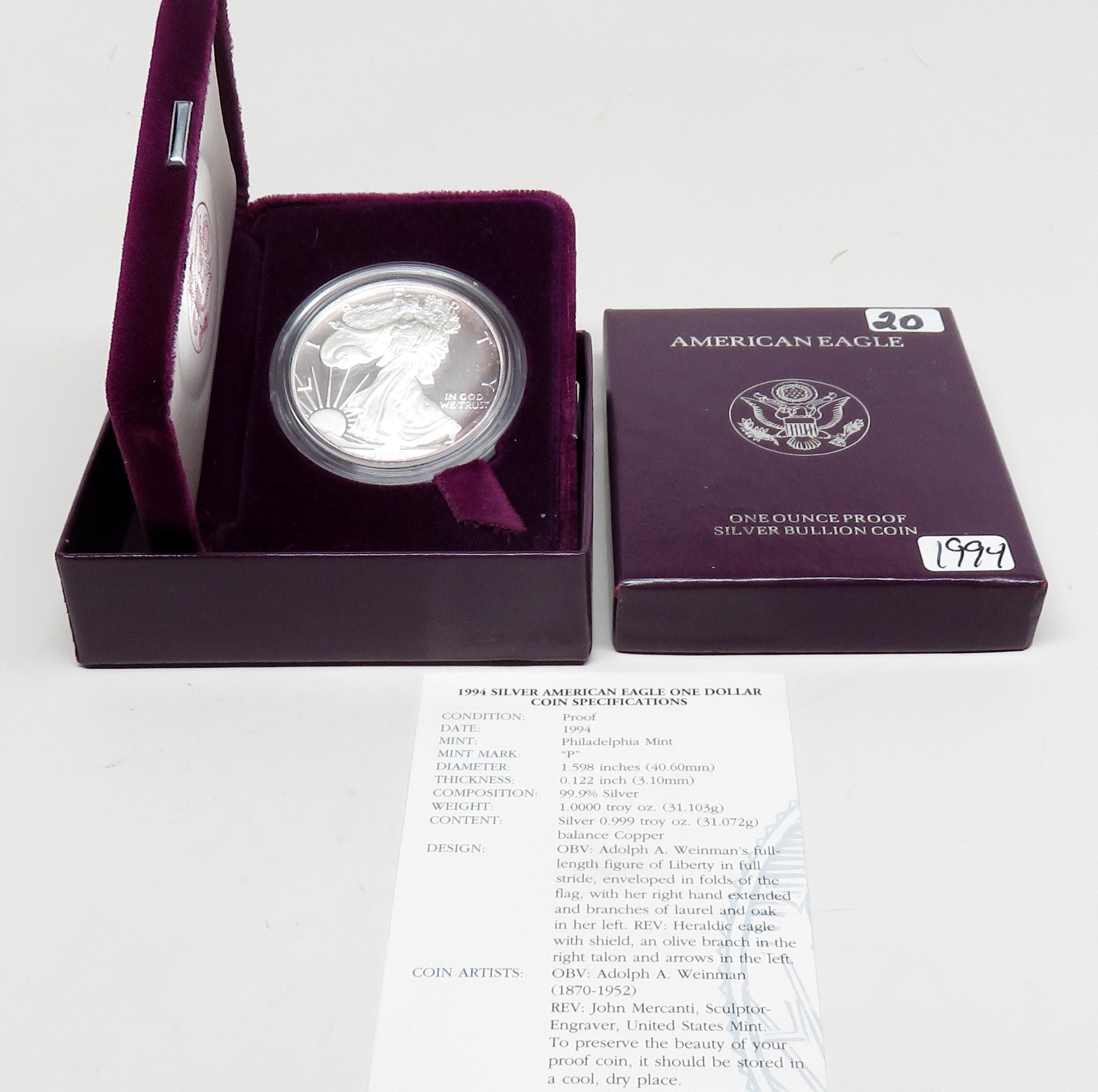 Silver American Eagle Proof 1994 complete better date