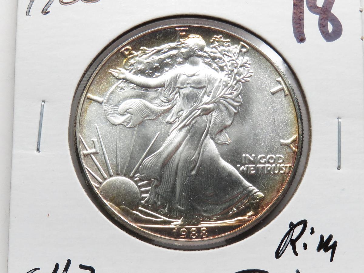 1988 Silver American Eagle CH BU rim toning