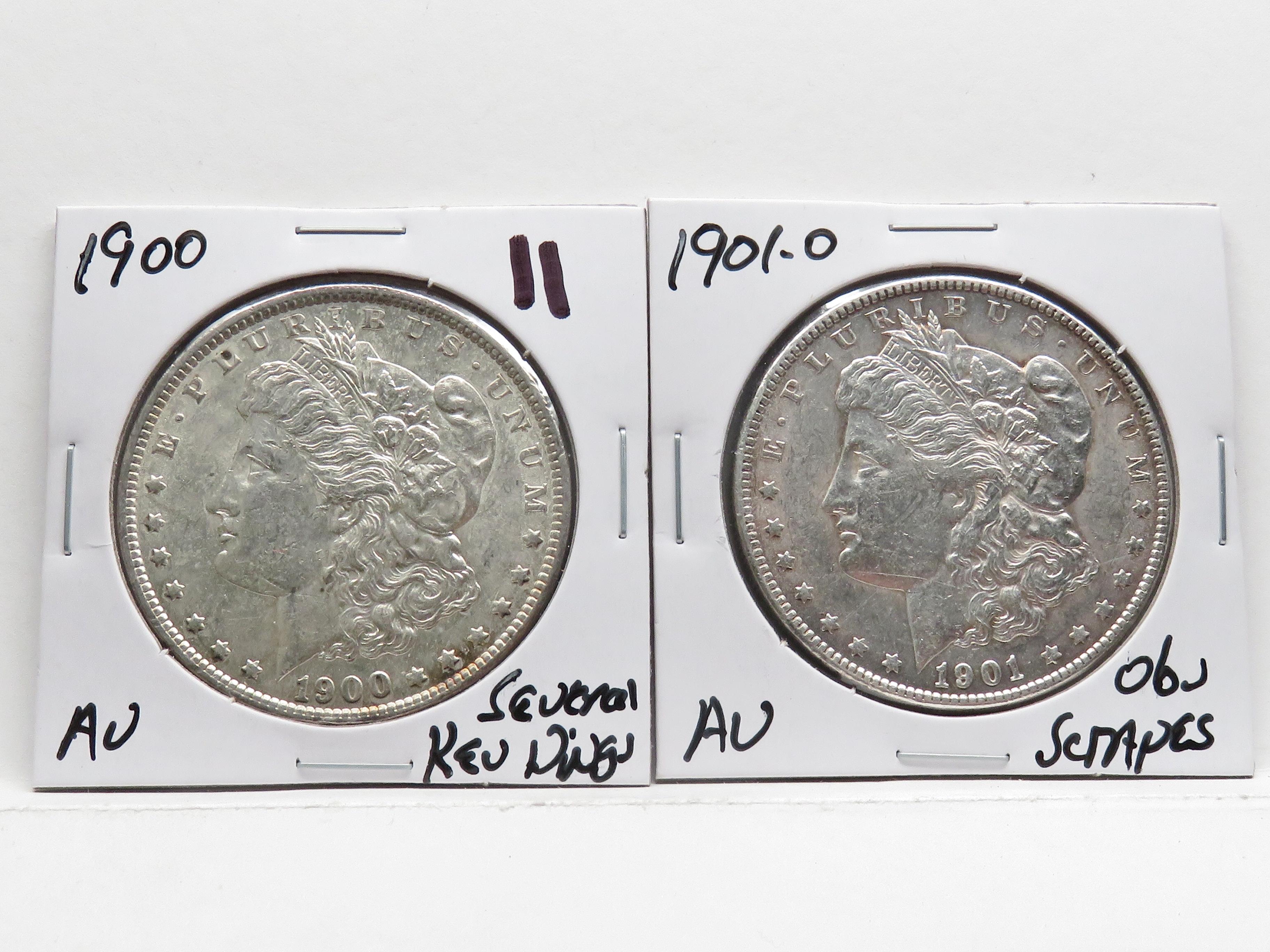 2 Morgan $: 1900 AU several rev dings, 1901-O AU obv scrapes