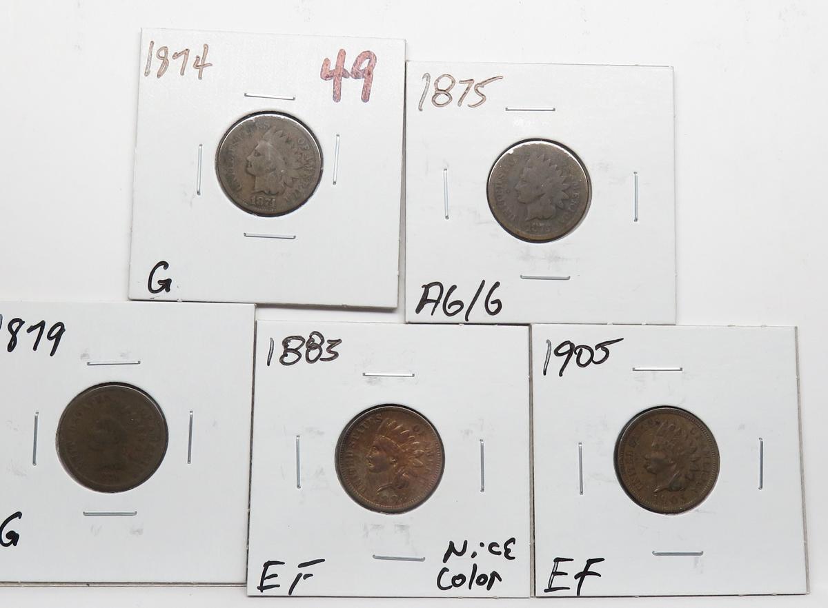 5 Indian Cents: 1874 G, 75 AG/G, 79 G, 83 EF nice color, 05 EF