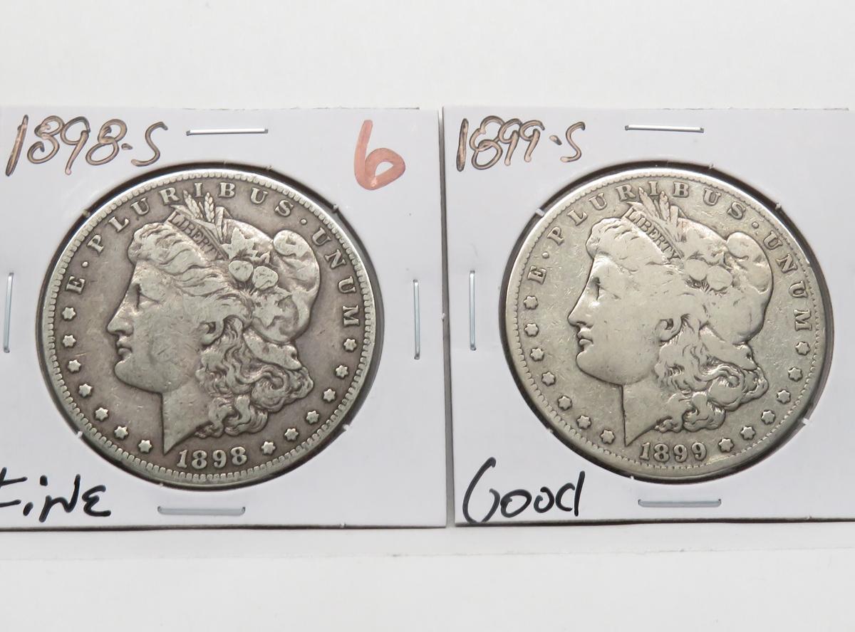 2 Morgan $: 1898S Fine, 1899S G