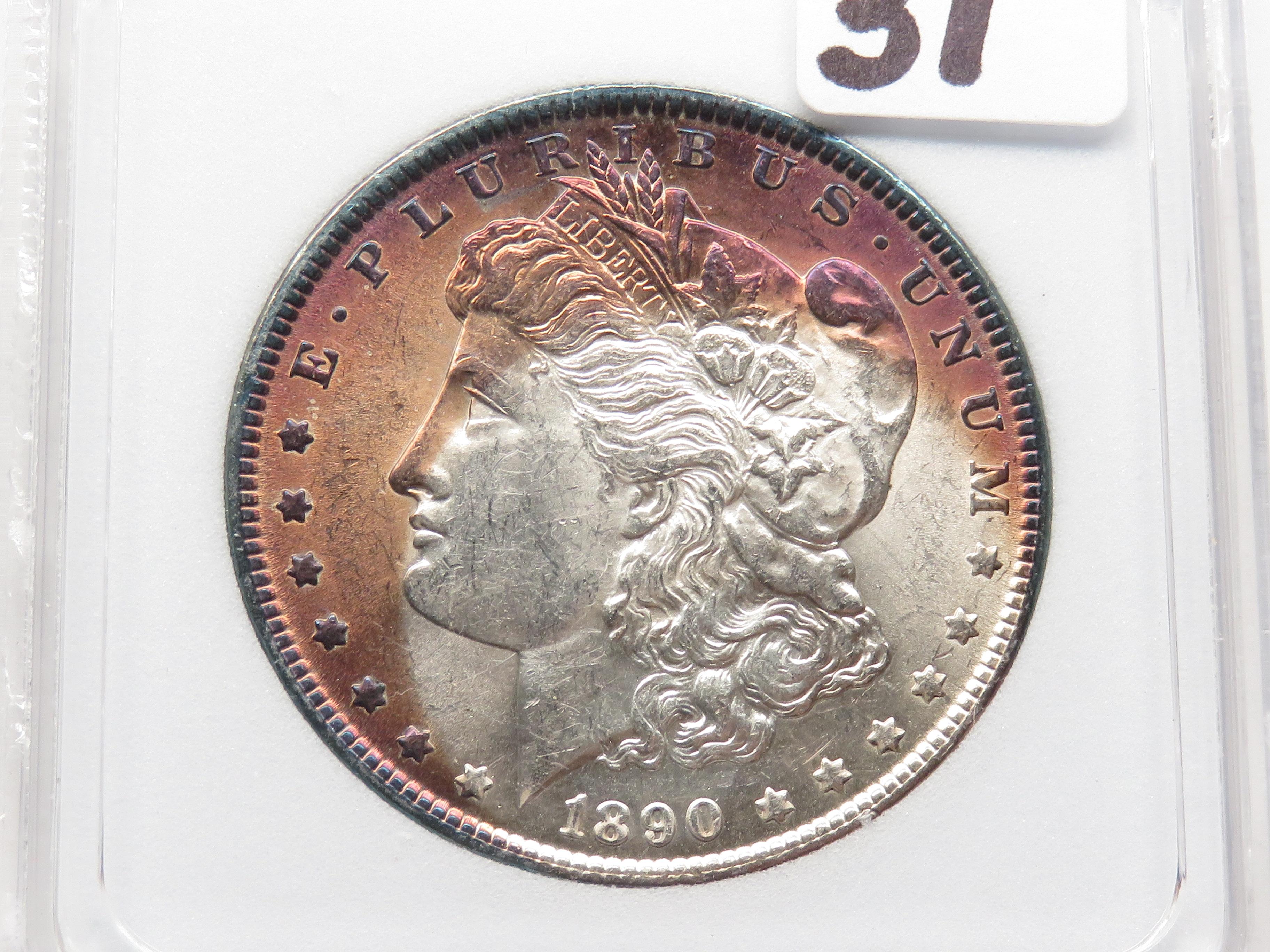 Morgan $ 1890 NNC MS65 crescent toning obv