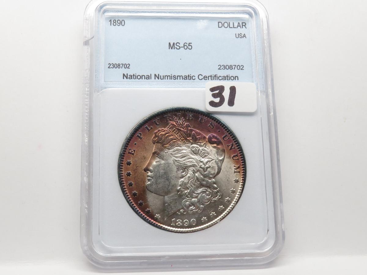 Morgan $ 1890 NNC MS65 crescent toning obv