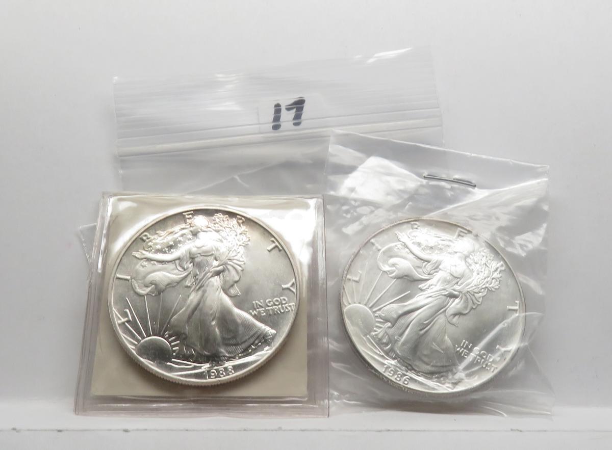 2 Unc Silver American Eagles: 1986, 1988