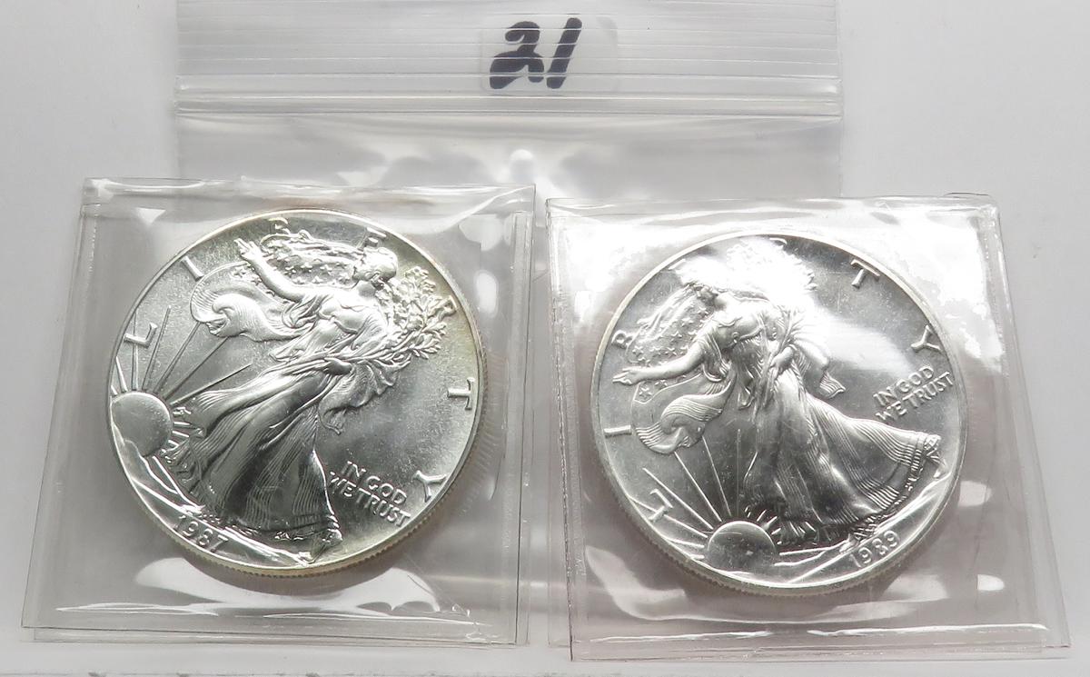 2 Unc Silver American Eagles: 1987, 1989