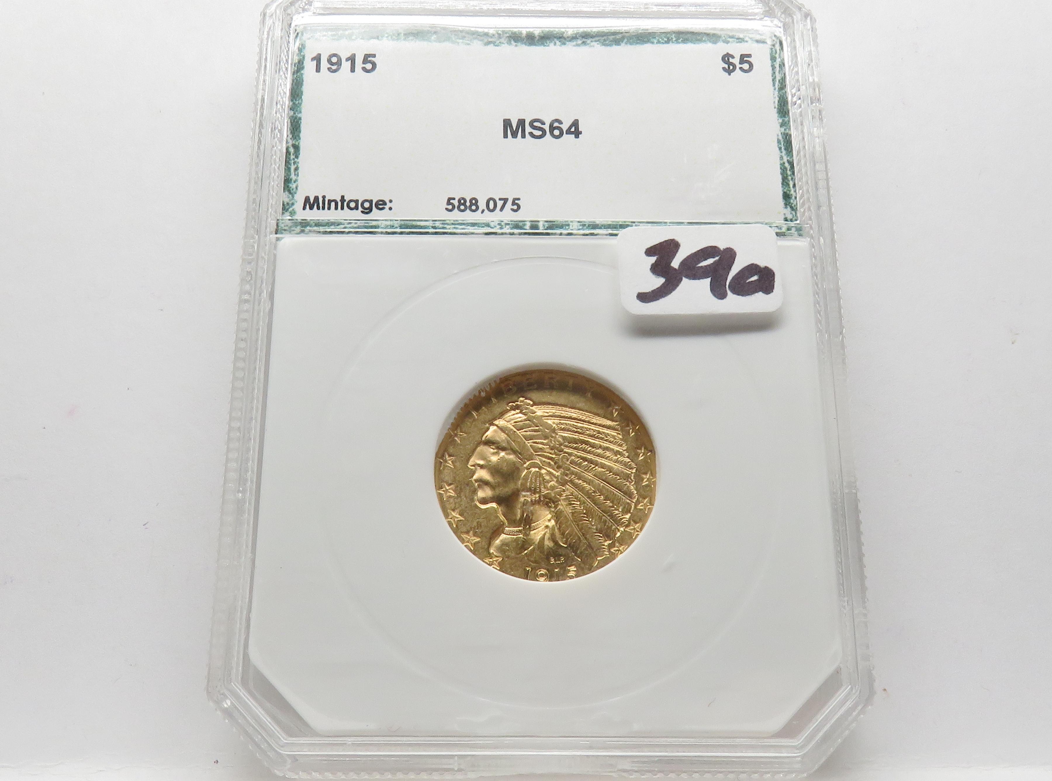 $5 Gold Indian 1915 PCI MS64, green label