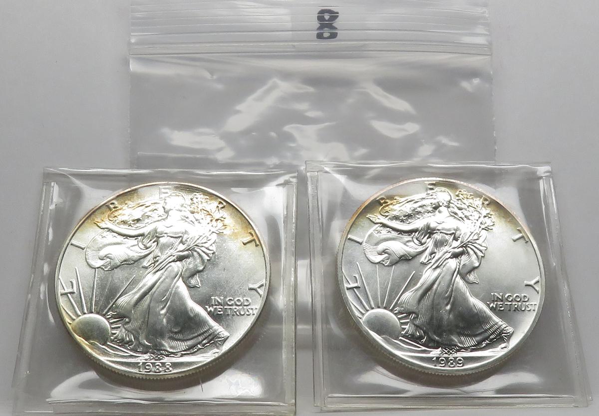 2 Unc Silver American Eagles attractive light toning: 1988, 1989