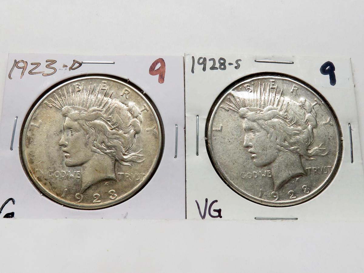 2 Peace $: 1923D G, 1928S VG