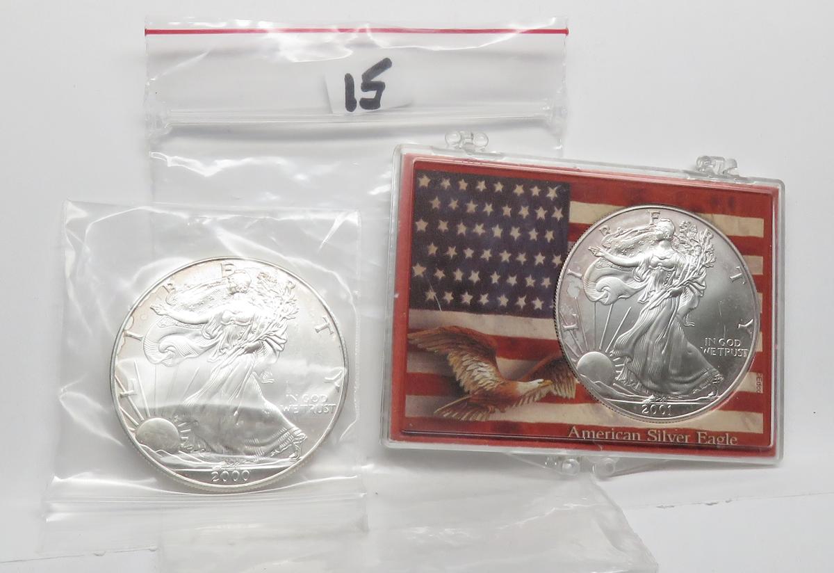 2 Unc Silver American Eagles: 2000, 2001 in holder