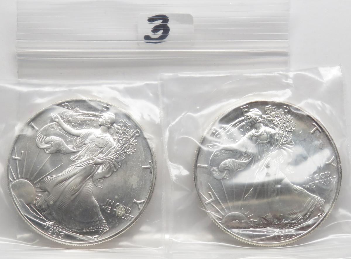 2 Unc Silver American Eagles: 1992, 1993