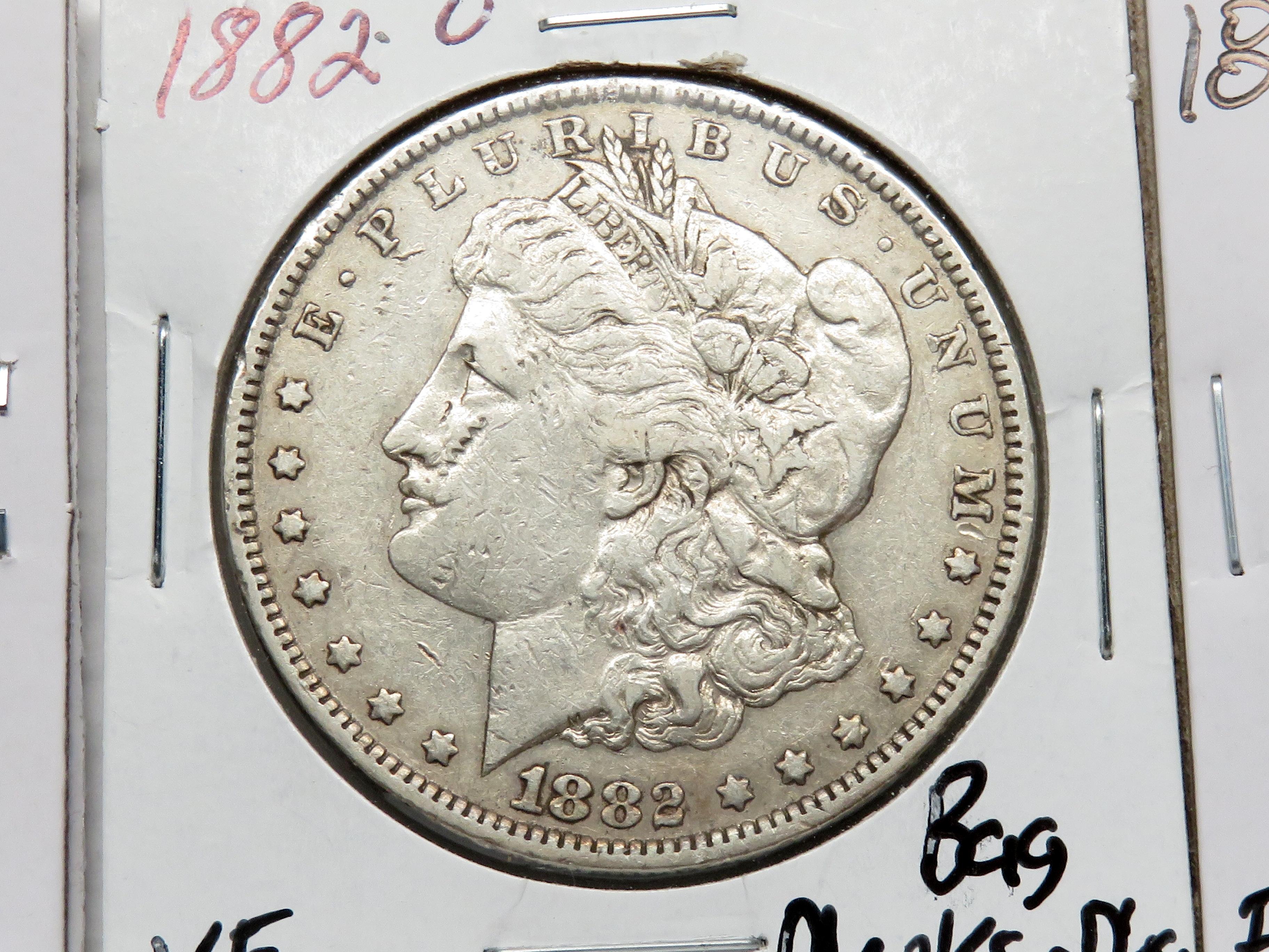 3 Morgan $: 1882 EF few problems, 82-O VF bag marks ding, 82S F yucky toning