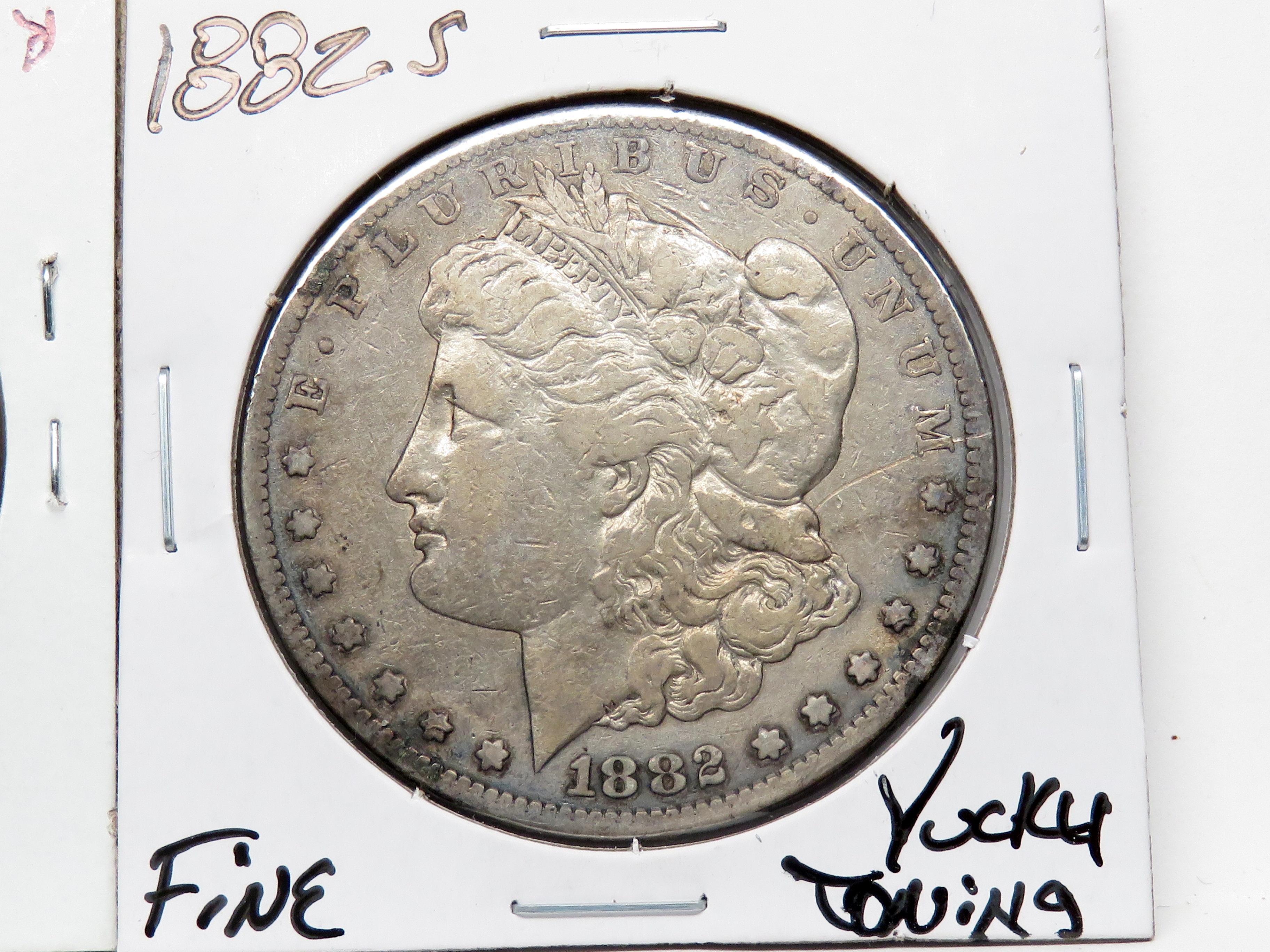 3 Morgan $: 1882 EF few problems, 82-O VF bag marks ding, 82S F yucky toning
