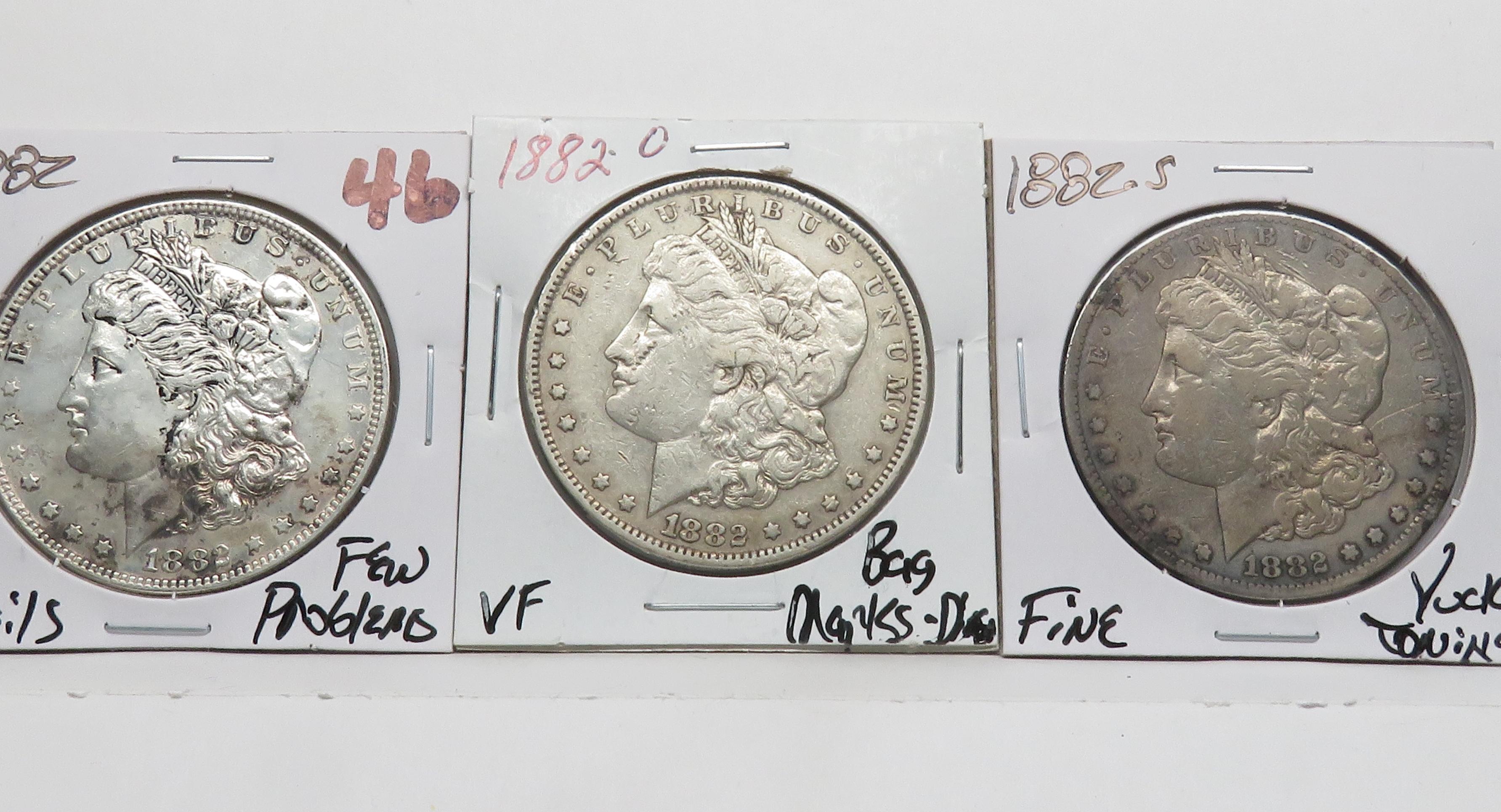 3 Morgan $: 1882 EF few problems, 82-O VF bag marks ding, 82S F yucky toning