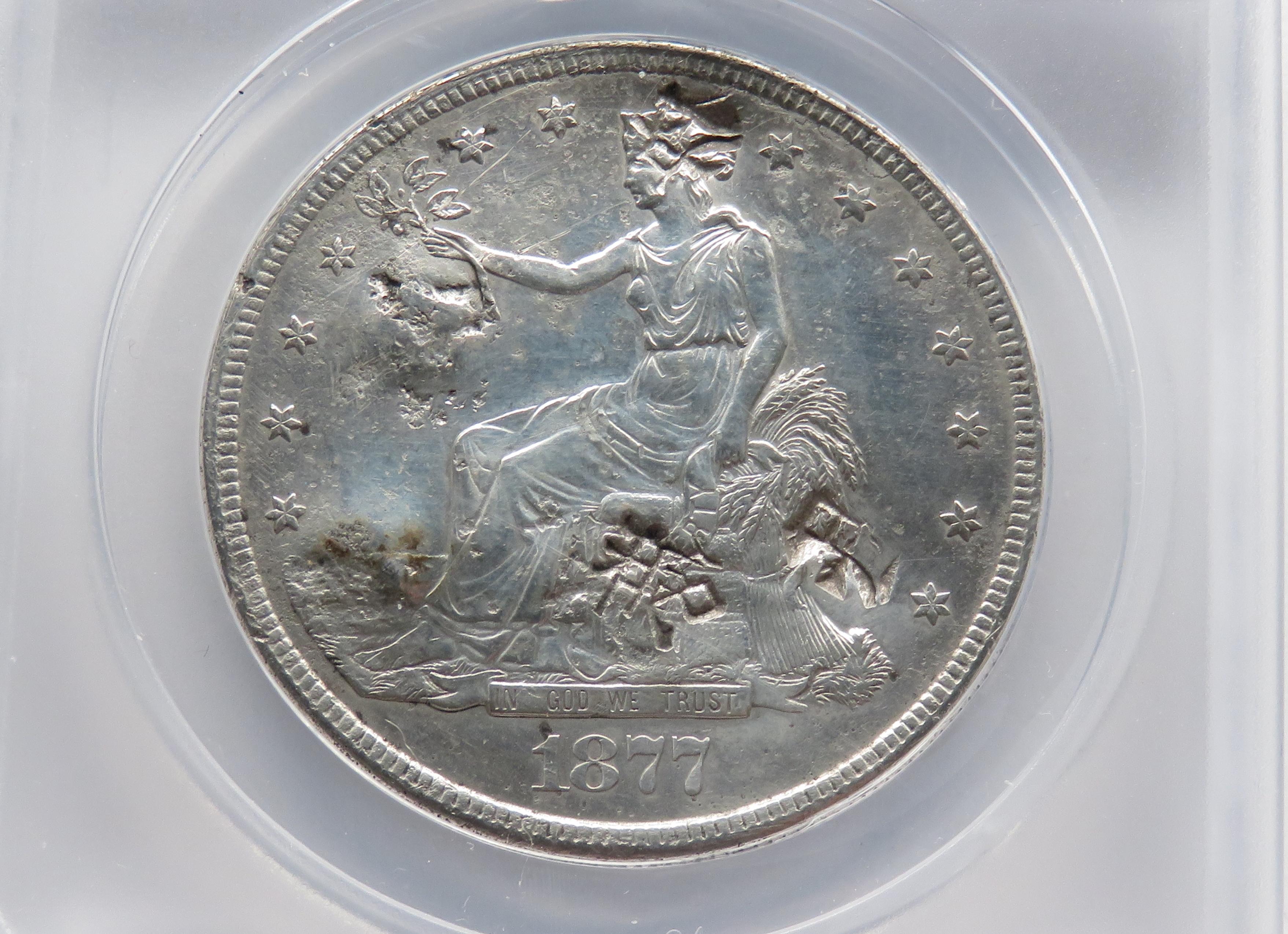 1877S Trade $ ANACS AU50 details, heavily chop marked, damaged, polished