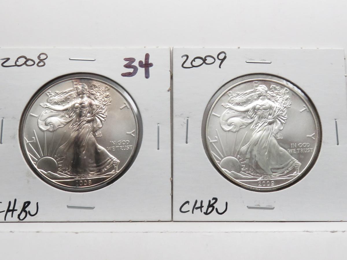 2 Silver American Eagles CH BU: 2008 toned, 2009