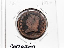 2 Type Cents: Draped Bust with chop marks; Classic Head 1814 corrosion