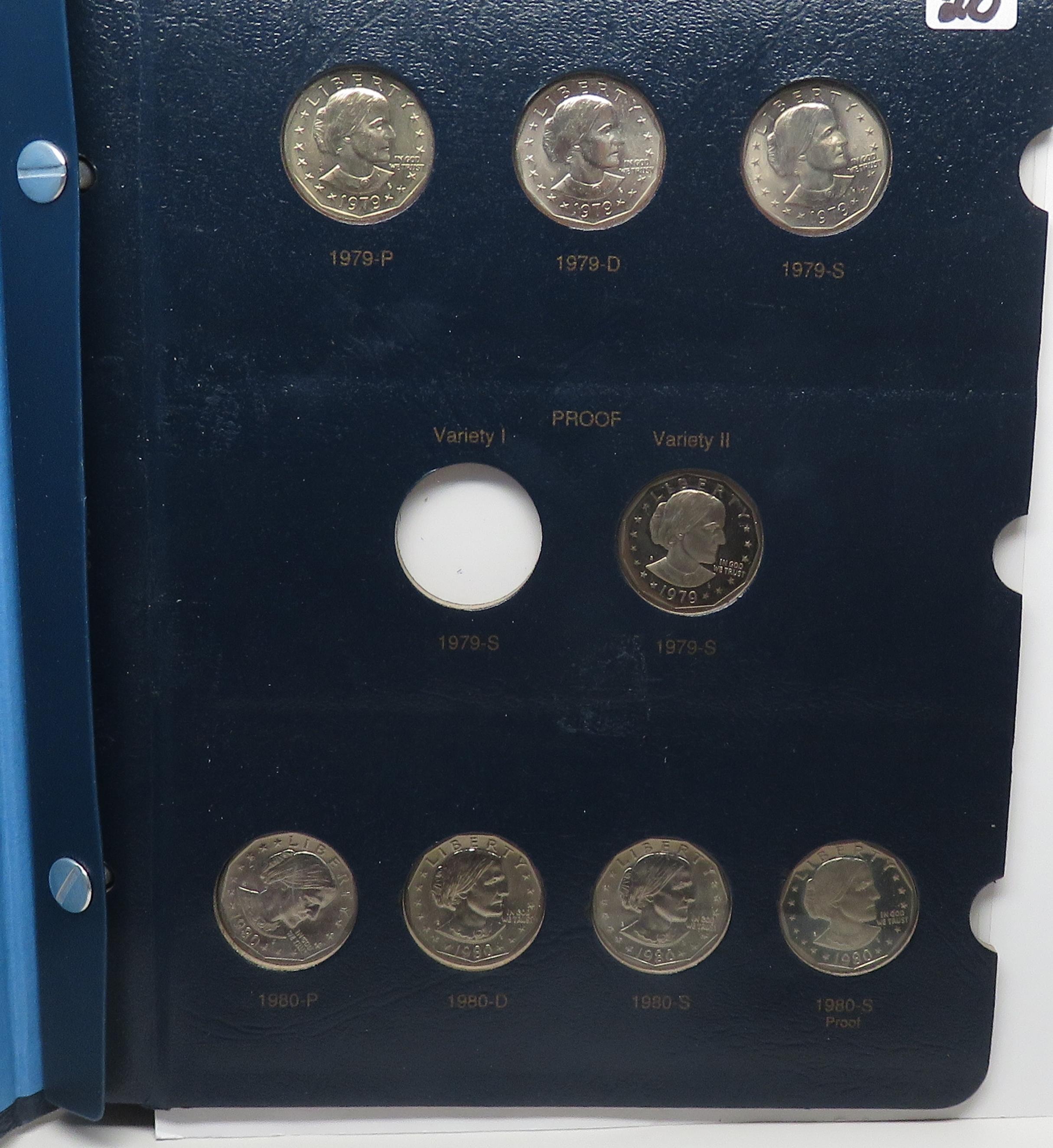 Dansco SB Anthony Album, 1979-1999D, 17 Coins Unc & PF, includes 1979S Ty1 in older ANACS Holder PF6