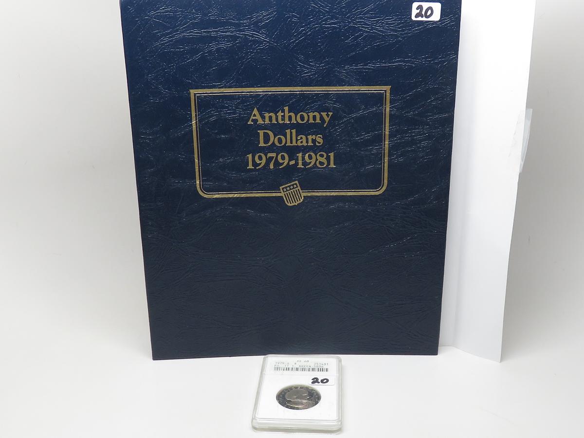 Dansco SB Anthony Album, 1979-1999D, 17 Coins Unc & PF, includes 1979S Ty1 in older ANACS Holder PF6