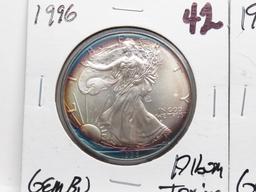 2 Gem BU Silver American Eagles attractive album toning: 1996, 1997