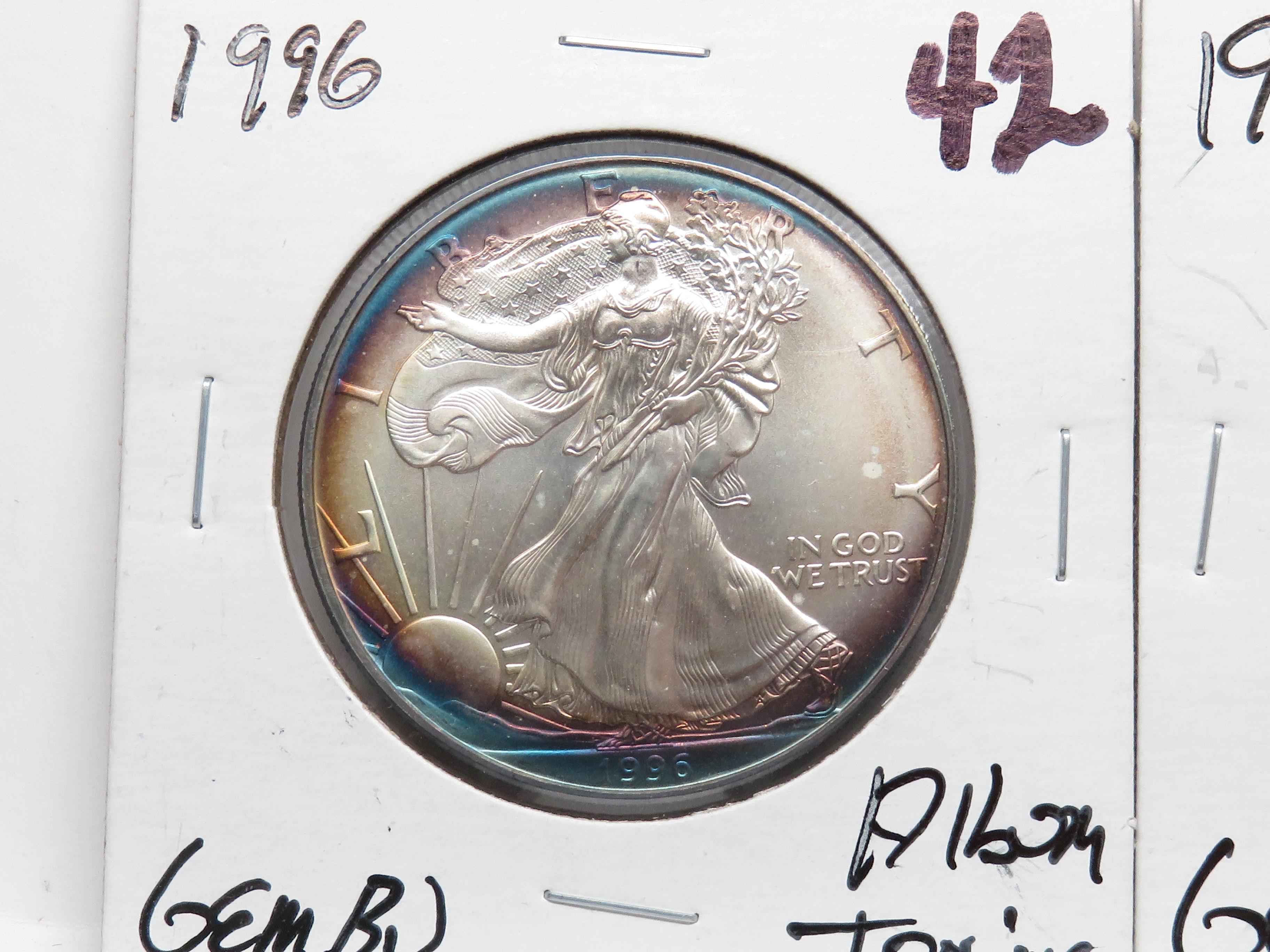 2 Gem BU Silver American Eagles attractive album toning: 1996, 1997