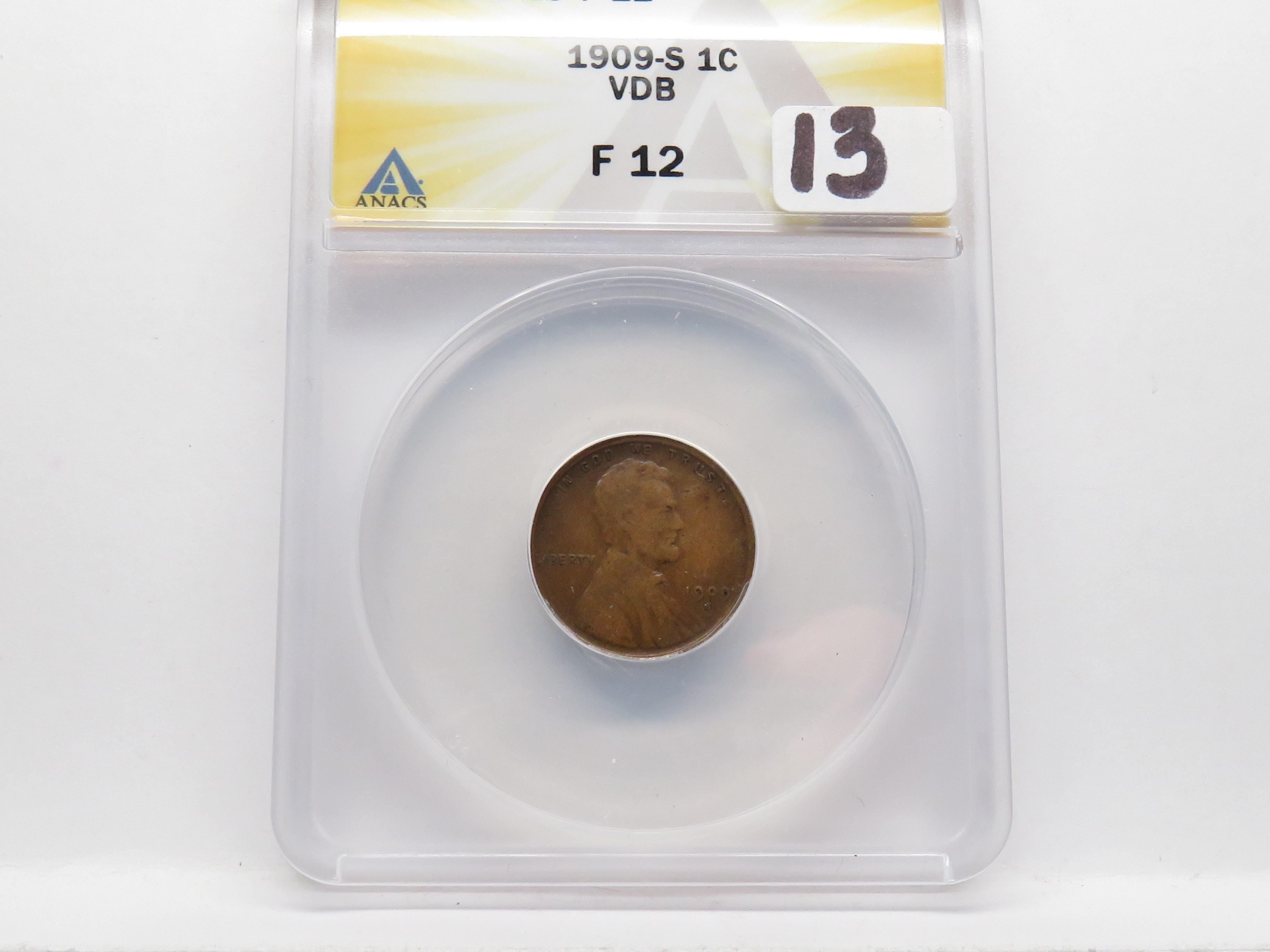 Lincoln Cent 1909S VDB ANACS F12, Key Date