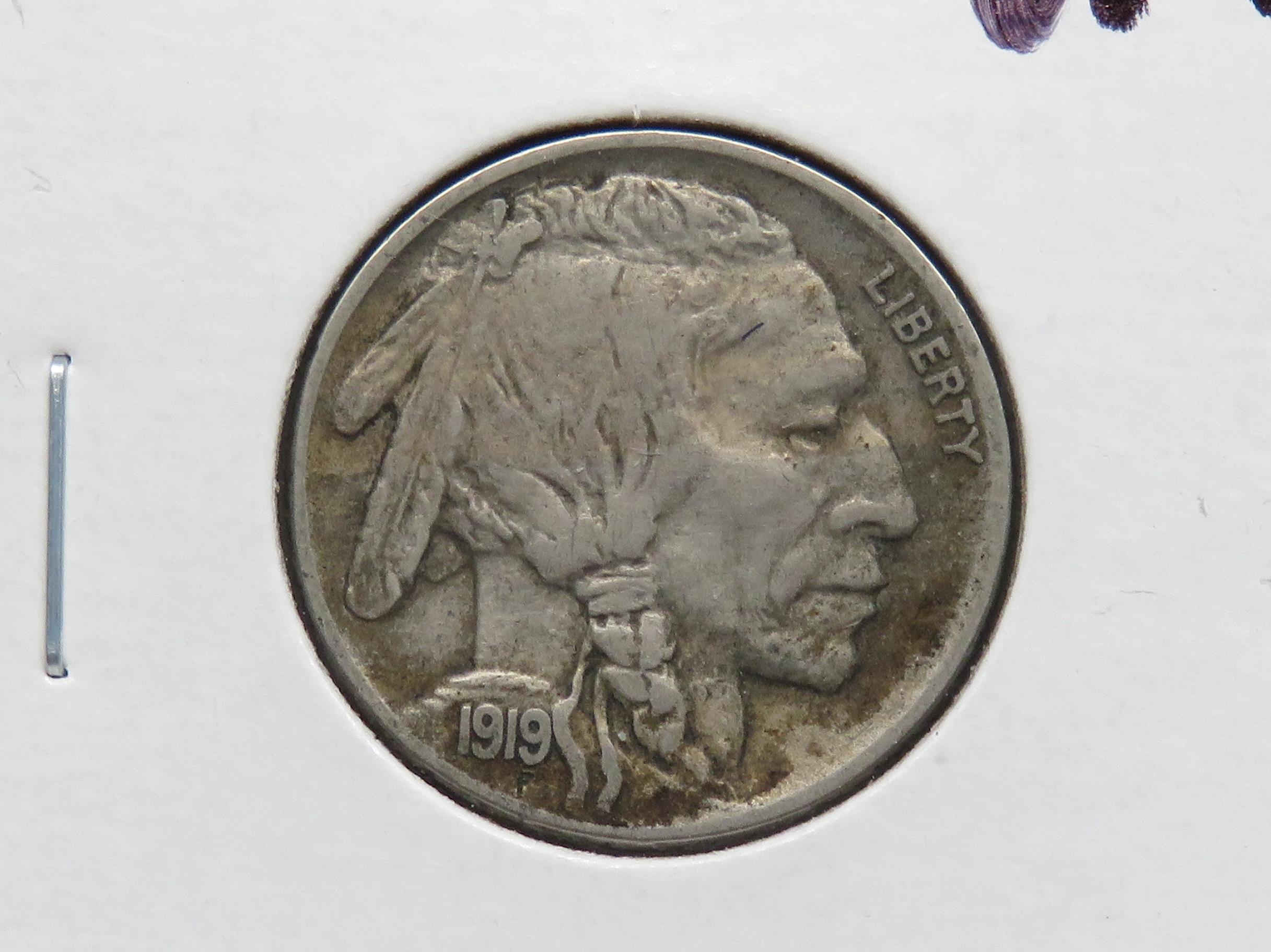 2 Buffalo Nickels: 1919 EF, 1919D Fine