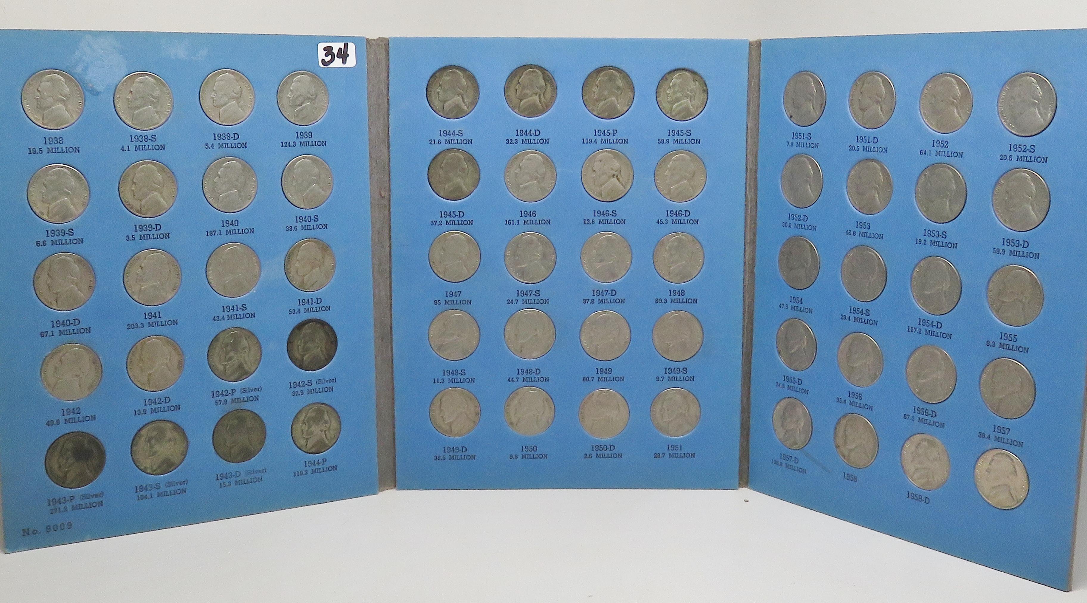 Whitman Jefferson Nickel Album, 1938-1959, 60 Coins including 11 Silver War, dt/mm unchecked