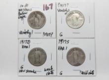 4 Standing Liberty Quarters better dates: ?1917? No Stars below Eagle Var 1; ?1917? Var 2 G; 1917D V