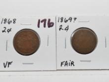 2 US Two Cent Pieces: 1868 VF, 1869? Fair
