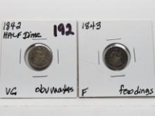 2 Seated Liberty Half Dimes: 1842 VG obv marks, 1843 F few dings